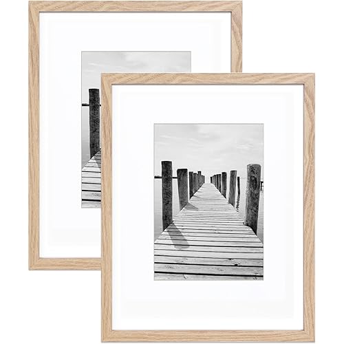Picture Frame 8x10 with Mat for 5x7 Natural Photo Frames Set of 2 High Definition Glass MDF Wood Frame Tabletop and Wall Mounting Horizontal or Vertical Display for Home Decor for Ideal Gifts
