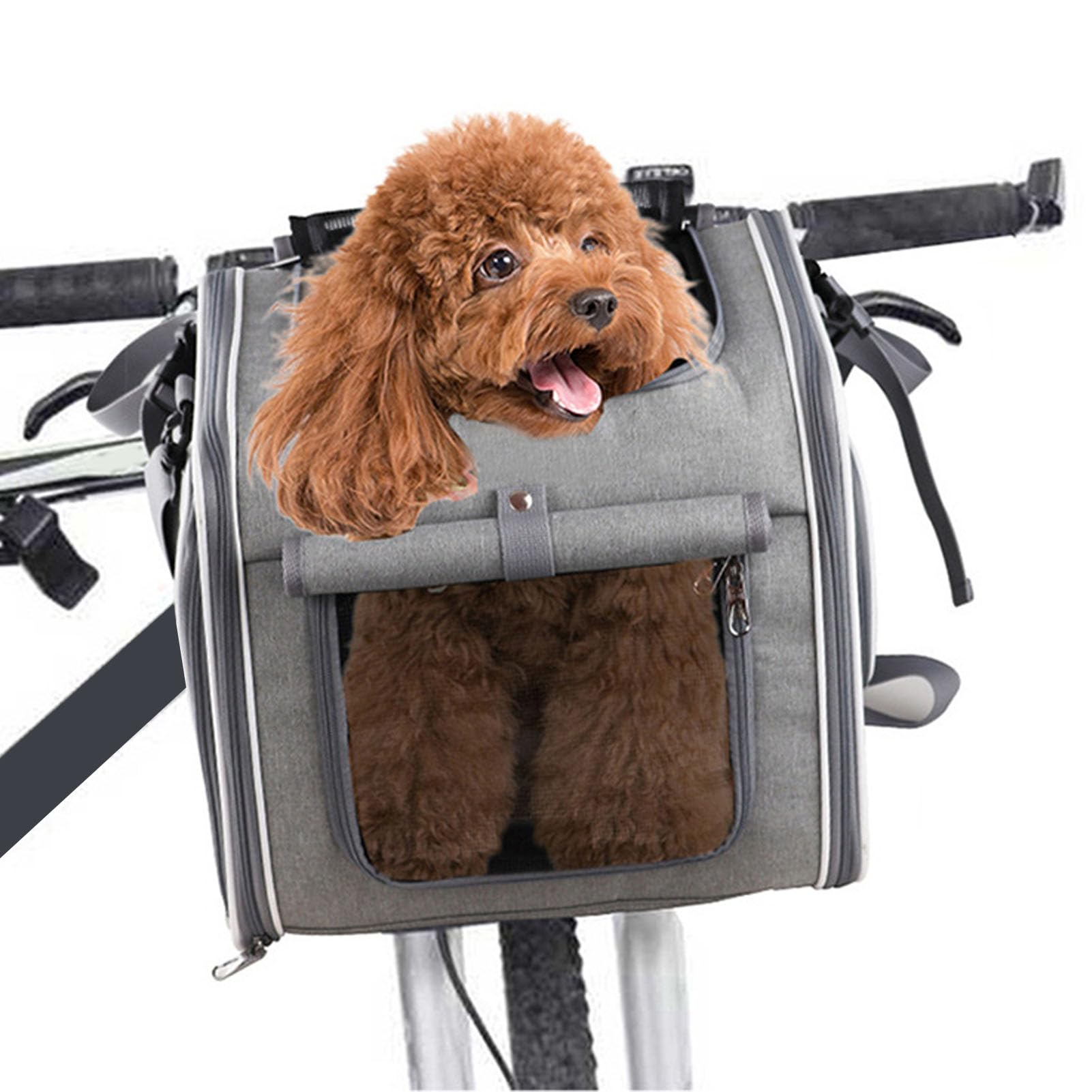 Cestino per Cani da Bici Fino a 8 Kg di Peso 4 Porte, 4 Mesh, Design Morbido Zaino Porta Animali da Bici con Finestre Robusta Struttura in Metallo Tessuto Oxford Resistente (GREY)