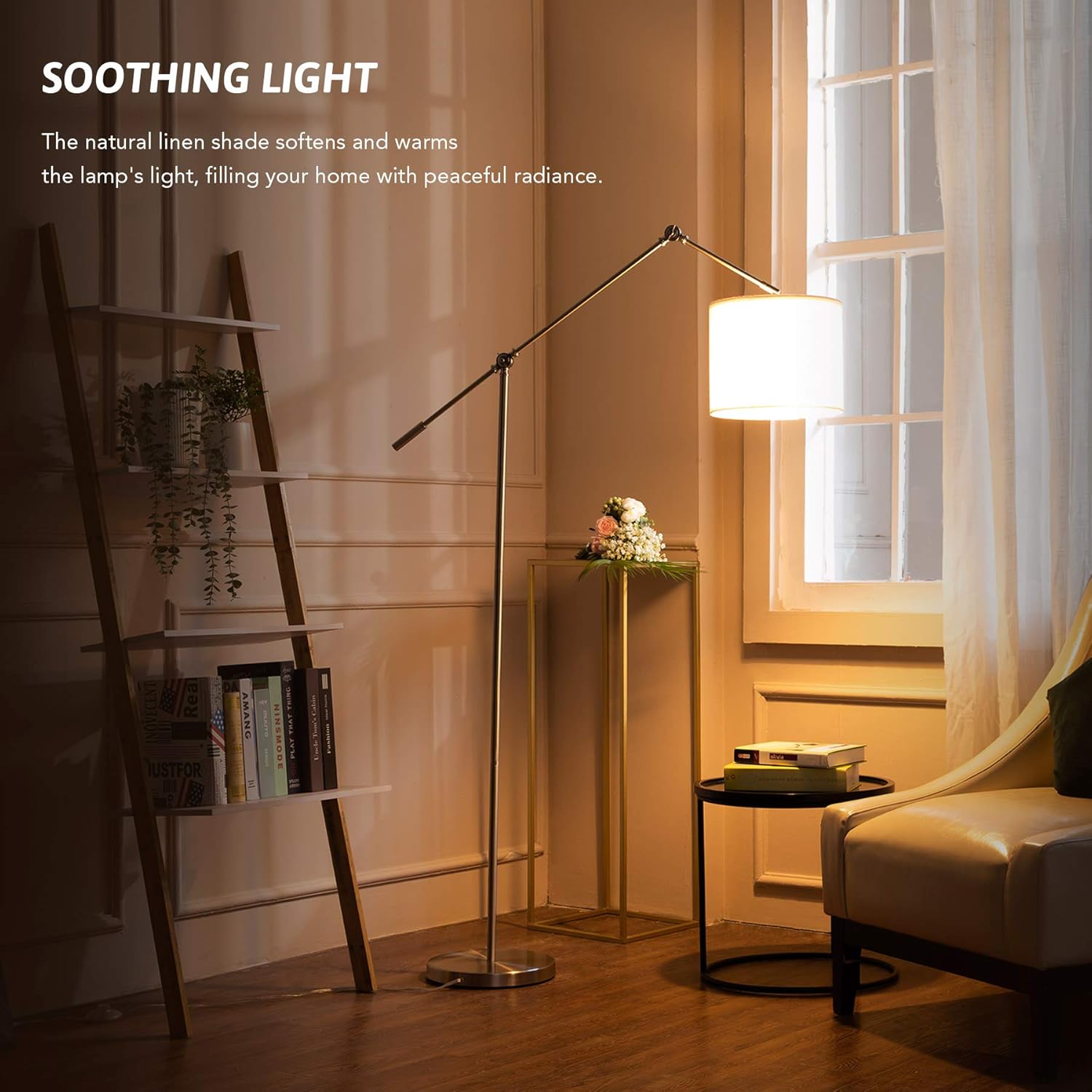 Best Deal Cheap 🛒 CO-Z Modern Arc Floor Lamp Hanging Over Couch, Contemporary Stand Lamp with Adjustable Brushed Nickel Arms Reading Lamp, Standing Pole Light with Drum Shade for Living Room, Bedroom, Office