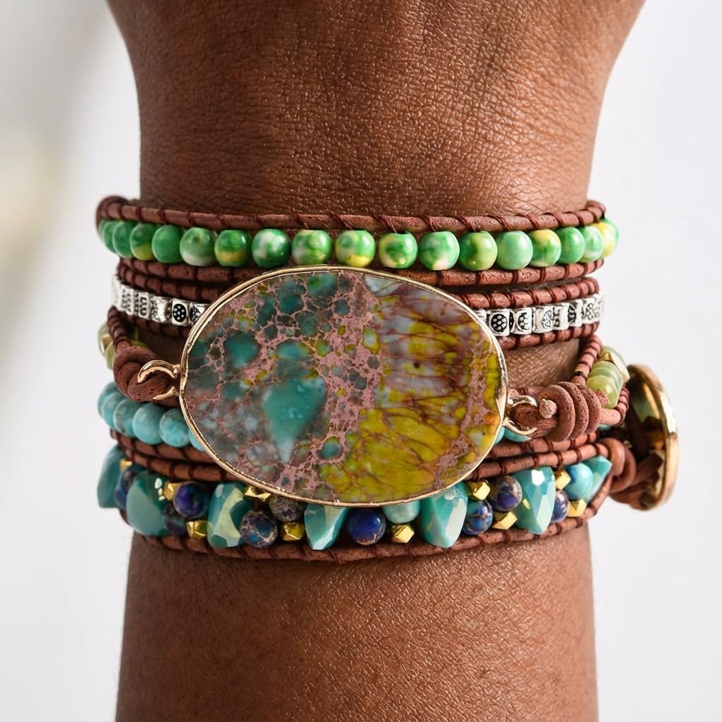 YGLINE Bohemian Handmade Bracelet Adjustable Natural Stone Jasper Bangle Leather Bracelet for Women – Wide Wrap Wrist Statement Jewelry