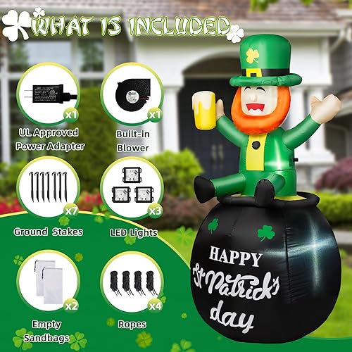 Miniatura 7 de B&D Decoraciones inflables de 6 pies para el día de San Patricio, duende inflable que sostiene una taza de cerveza sentada en una olla de oro con