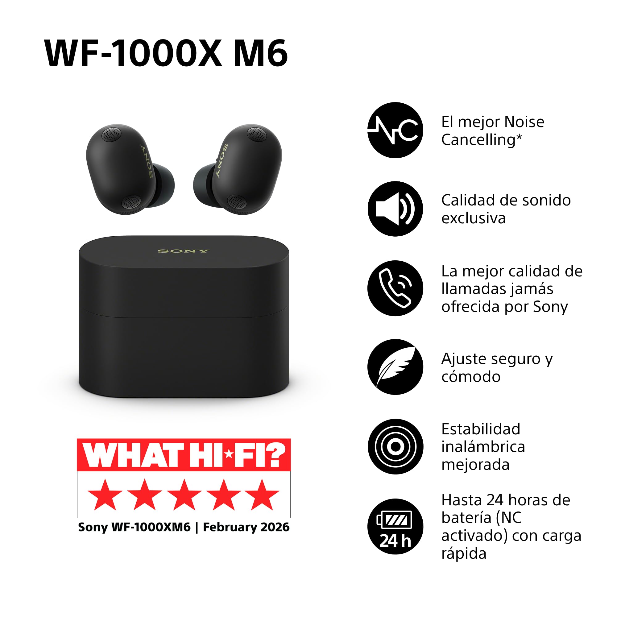 Sony WF-1000XM6 Auriculares inalámbricos con Noise Cancelling, Bluetooth, Auriculares in-Ear, Sonido de Alta resolución, Llamadas nítidas, Ecualizador de 10 Bandas, 24 Horas de batería, IPX4, Negro