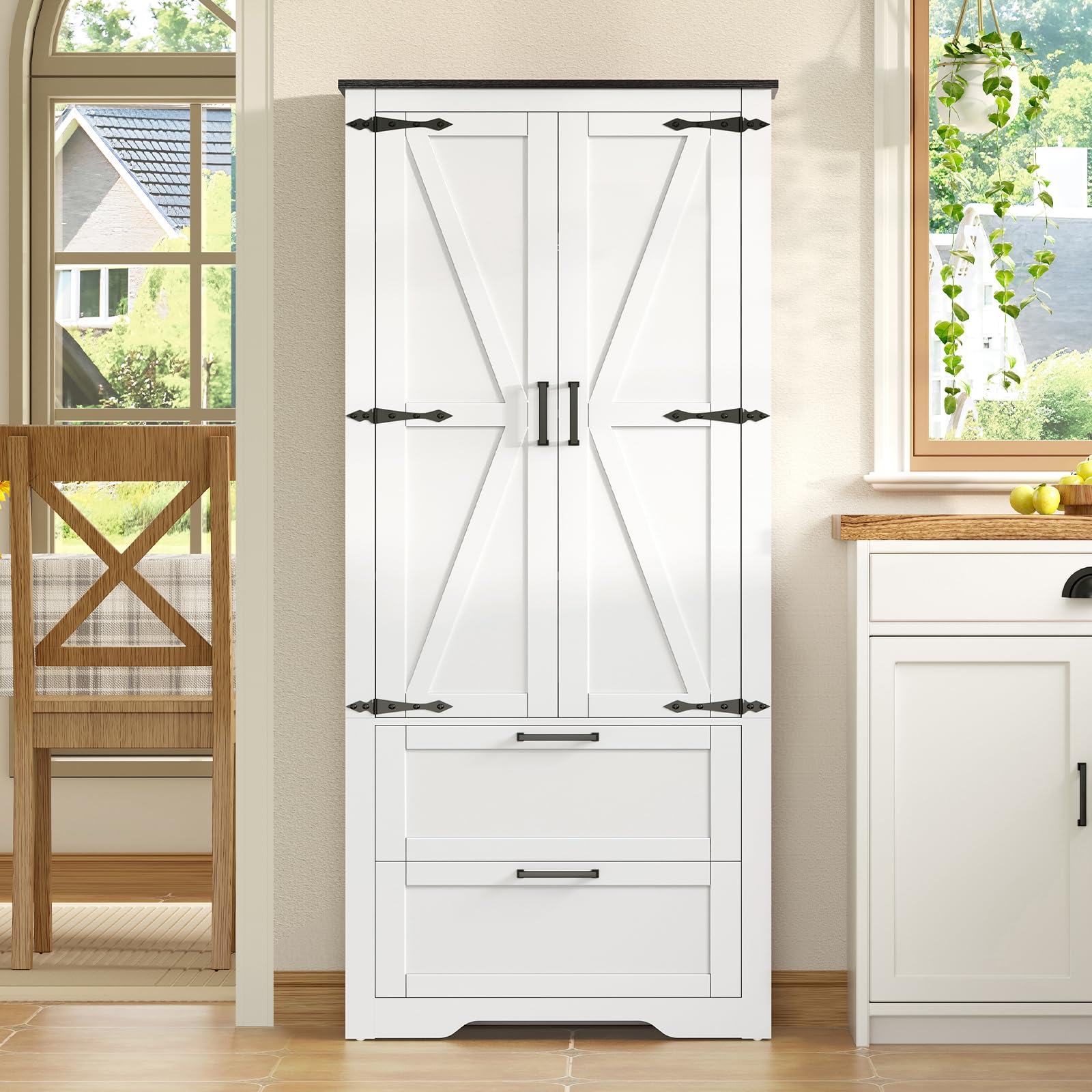 TEENFON 66.2" H Pantry Cabinet, Farmhouse Kitchen Pantry Cabinet with 2 Drawers & Adjustable Shelf, Bathroom Storage Cabinet, for Living Room, Kitchen, Bathroom, White - 5