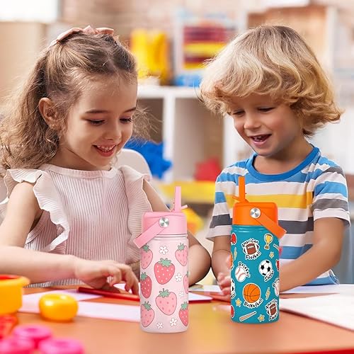Miniatura 31 de SANDJEST Botella de agua para niños con tapa con pajilla, paquete de 2 botellas de agua aisladas de acero inoxidable de 12 onzas para niñas, taza de