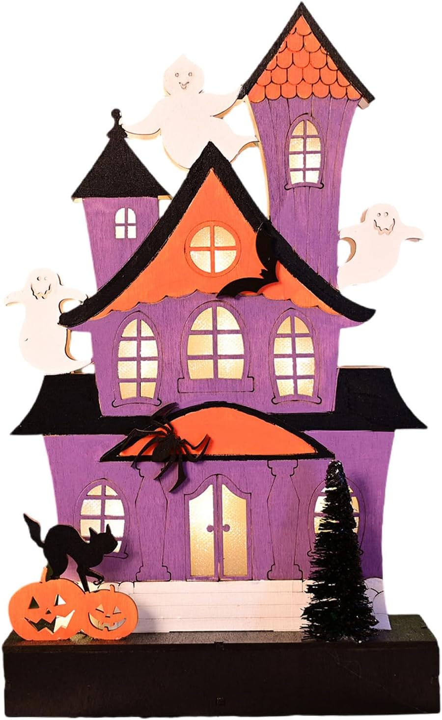 Eerie Halloween Sign Wood LED Lighted Ghostly House Castled Pumpkin Ornament For Themed Party Display Table Decoration