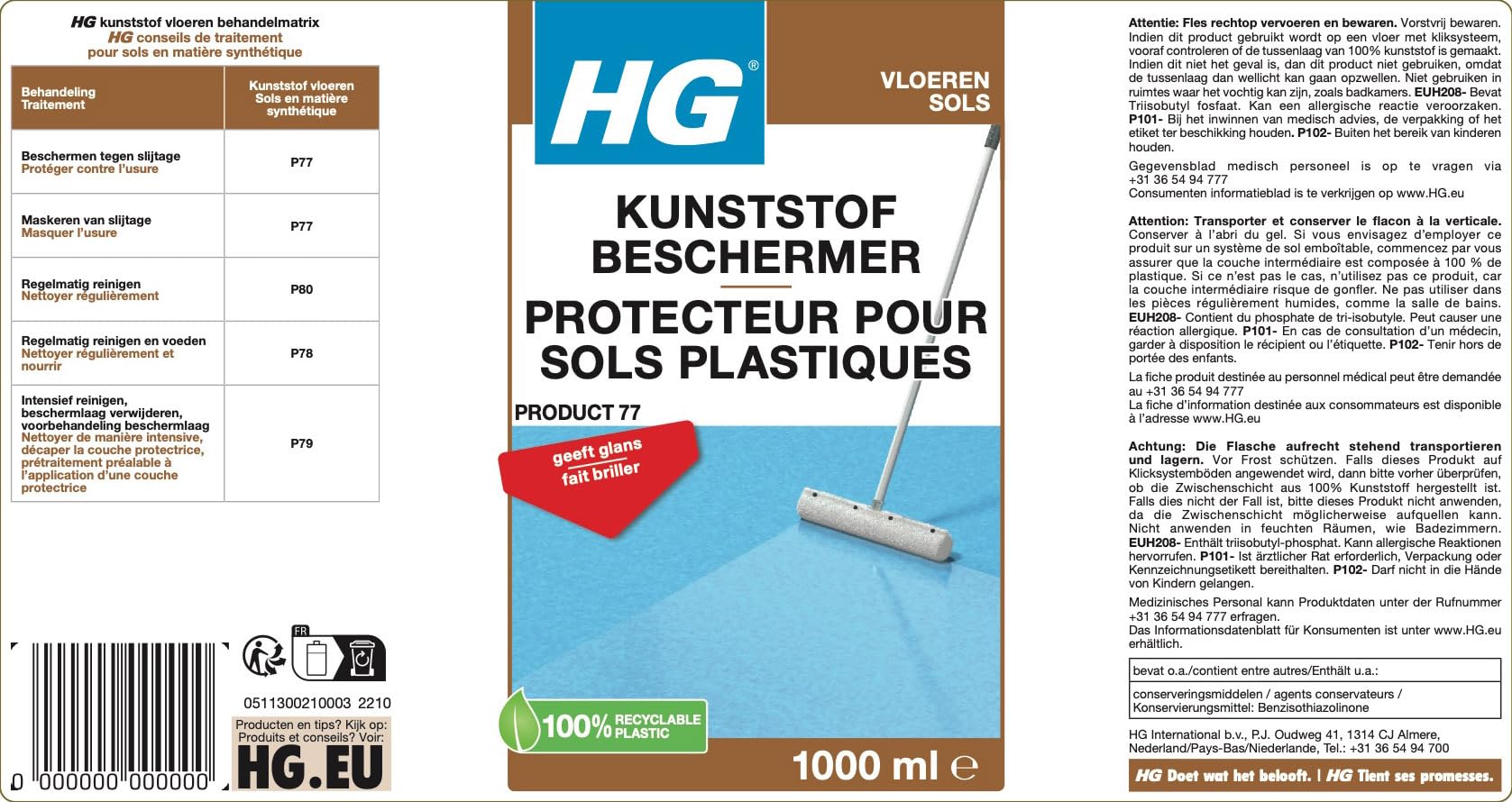 HG detergente pavimenti in plastica pellicola protezione lucida, 1 l
