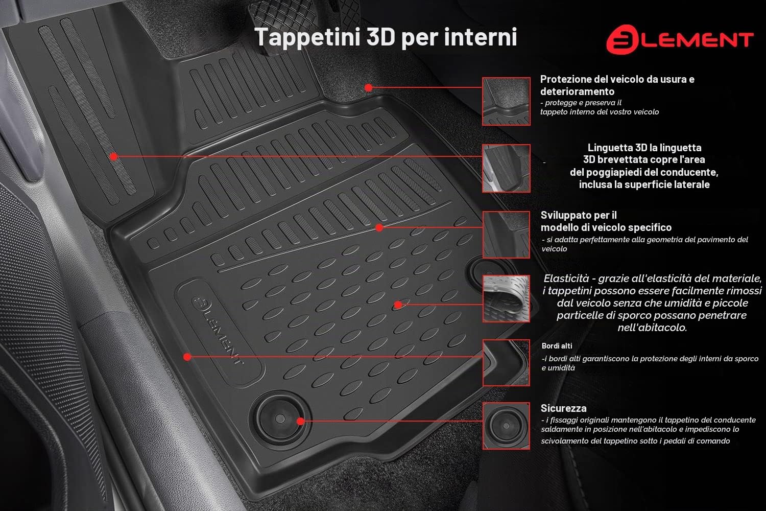 ELEMENT Set di Tappetini Auto in Gomma TPE 3D per AUDI Q3 | Mk2 (F3) | 2018-2024 | Tappetini Auto Originali 100% Adatti, Gomma Auto Universali Resistanti, Tappeto