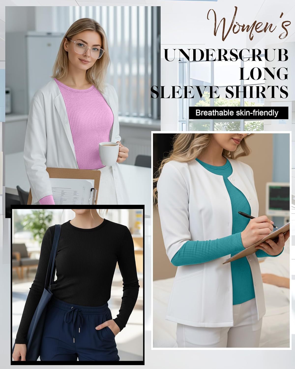 4 Pack Women's Underscrub Shirts Long Sleeve Ribbed Crewneck Tops Slim Fit Soft Cotton Undershirts for Nurse - Image 2