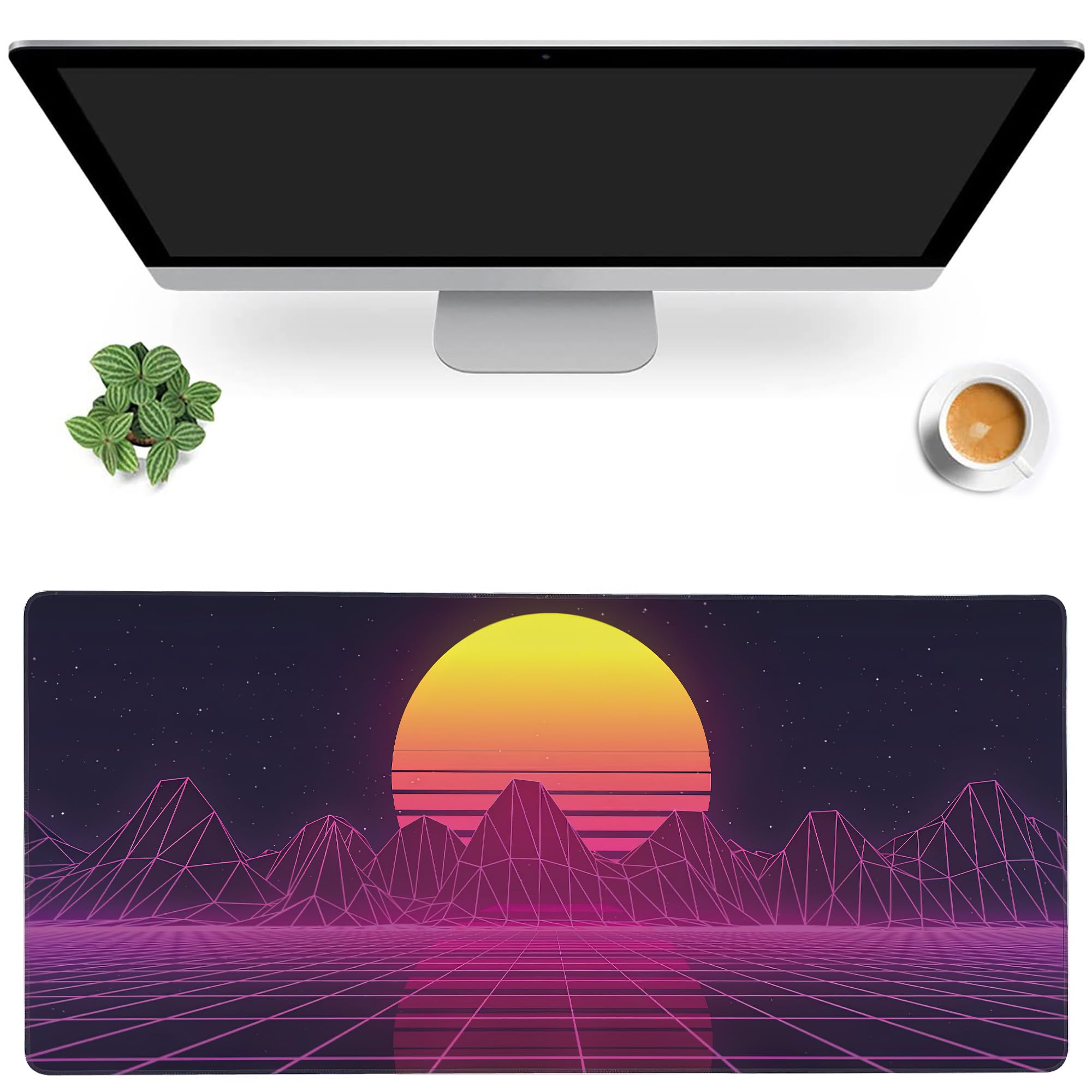 MIOAOSRT Desk Mat,80s Retro Sunset Gaming Mouse Pad,XXL Extended Mouse Pad Mat for Office,Computer,Keyboard with Non-Slip Base Stitched Eges Mousepad