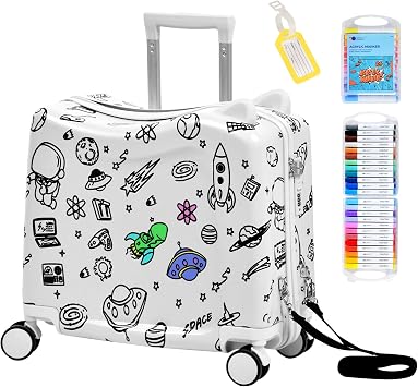 Kids Ride-On Suitcase with Cute Ears, DIY Graffiti Coloring Design, 20" Carry-On Luggage with 4 Spinner Wheels, Pull Rope & Combination Lock Rideable Travel Case for Toddlers & ChildrenWhite
