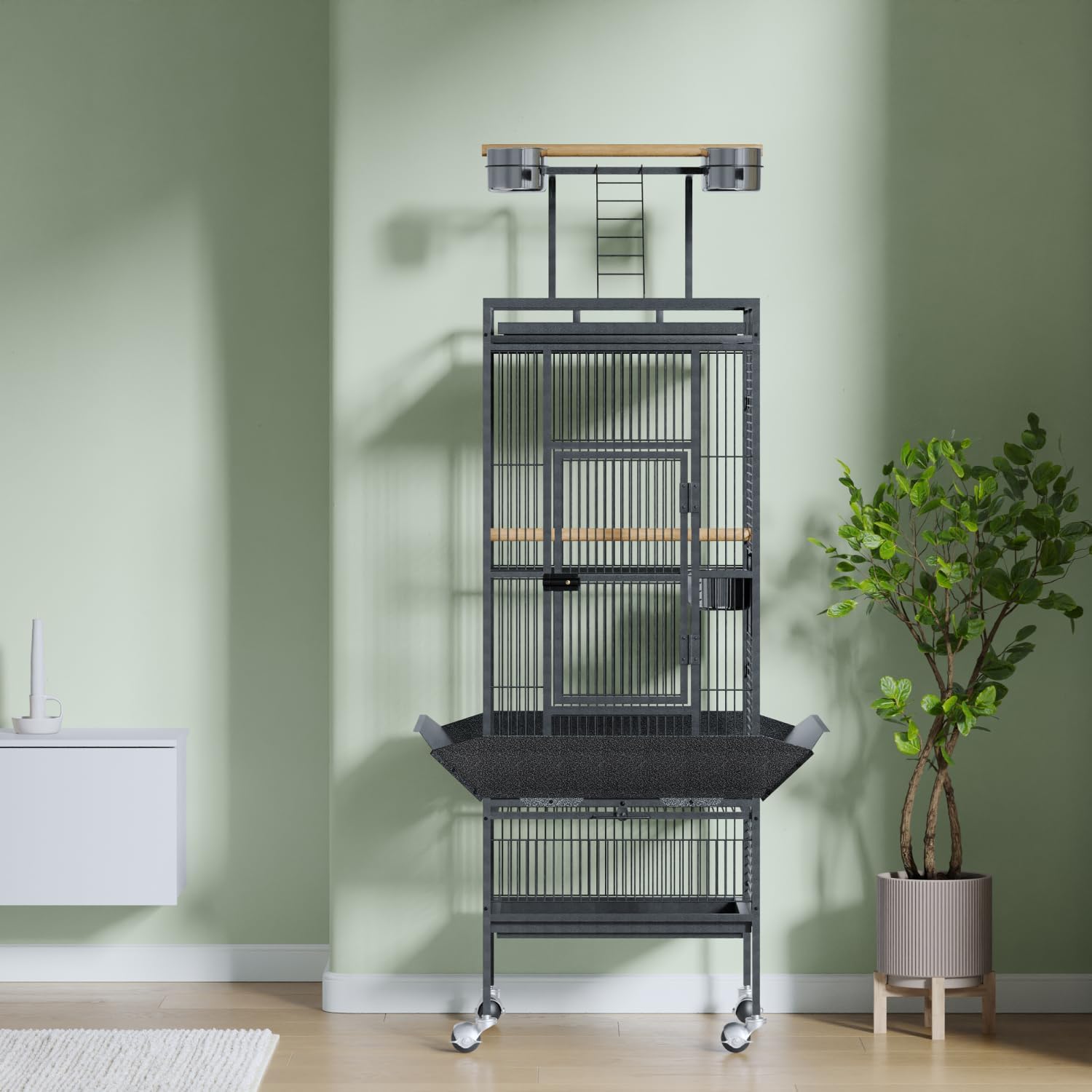 61" Large Parrot Cage, Rolling Caster Wheels, Large Bird Cage for Small Medium Parrots, Macaws, Cockatoos Sun Parakeet Green Cheek Conure Dove Lovebird Budgie Play Top with Stand