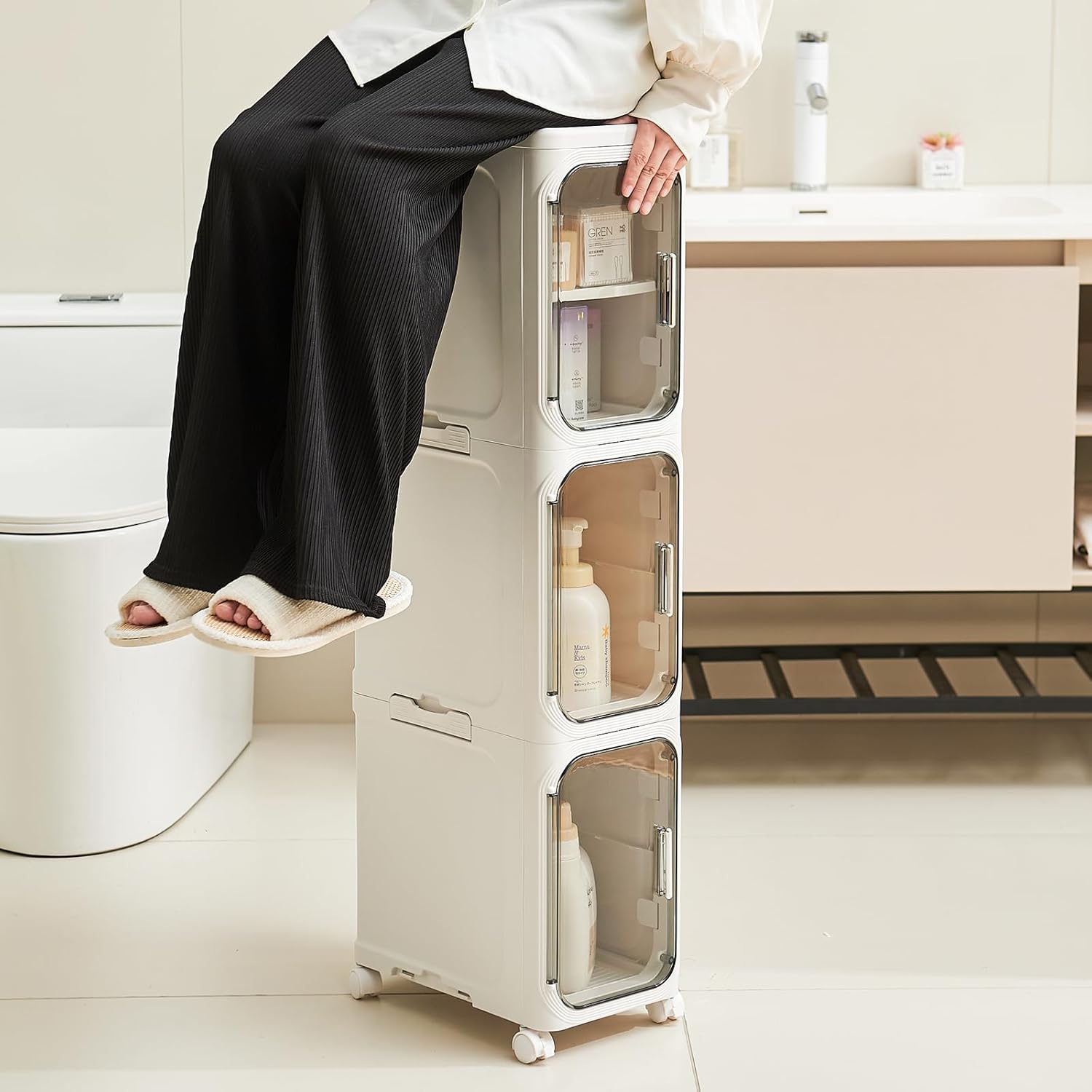 4-Tier Narrow Storage Cabinet with Magnetic Doors and Shelves, Plastic Slim Bathroom Organizers and Storage with Wheels for Small Spaces Bathroom, Kitchen, White