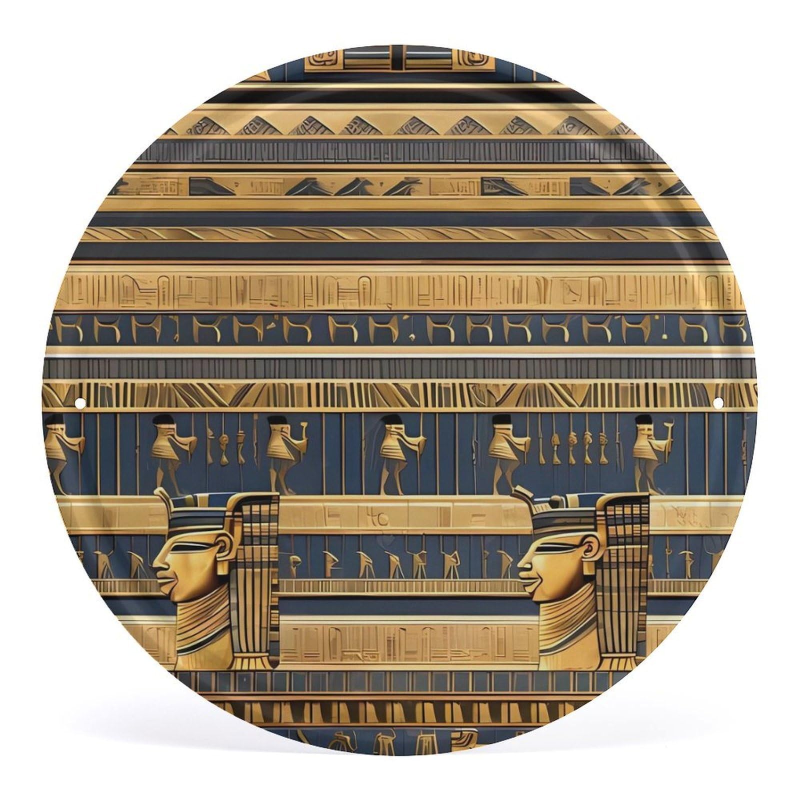Fodpand Style Egyptian Pharaonic Frescoes Round Wall Art Hanging Decorations, Wall Decor Modern Minimalist Artwork, Tin Sign Hanging Picture For Living Room, Bedroom, Office, Hallway, 11.8X11.8 Inch