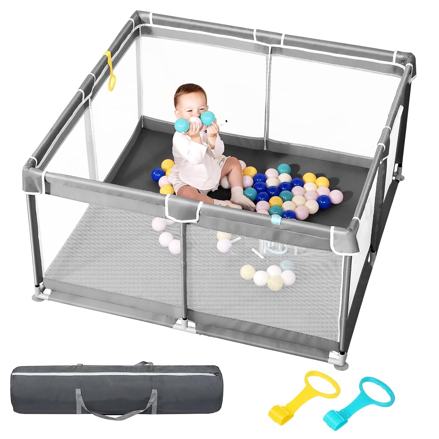 derimkcoa Laufstall Baby,Laufgitter Baby,Kinderzaun mit Atmungsaktivem Netz,Tragbarer Laufstall für Drinnen und Draußen(130x130x66cm,Grau)