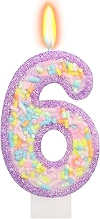 Number 6 Birthday Candle with Sprinkles, Pastel Purple Unicorn Rainbow Cake Topper, Sweet Candyland Party Decorations for Girl Boy 6th Birthday