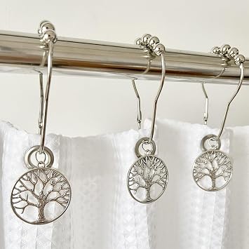 Tree of Life Shower Curtain Hooks Set of 12, Rust Proof Shower Curtain Rings for Bathroom, Metal Decorative Shower Curtain Hangers Bathroom Accessories