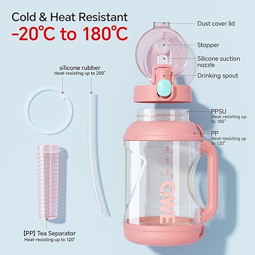 Miniatura 4 de QWE Botella de agua grande de gimnasio para mujer con tapas y popotes y asa, 54 onzas, resistente al calor, reutilizable, sin bisfenol A, botella de