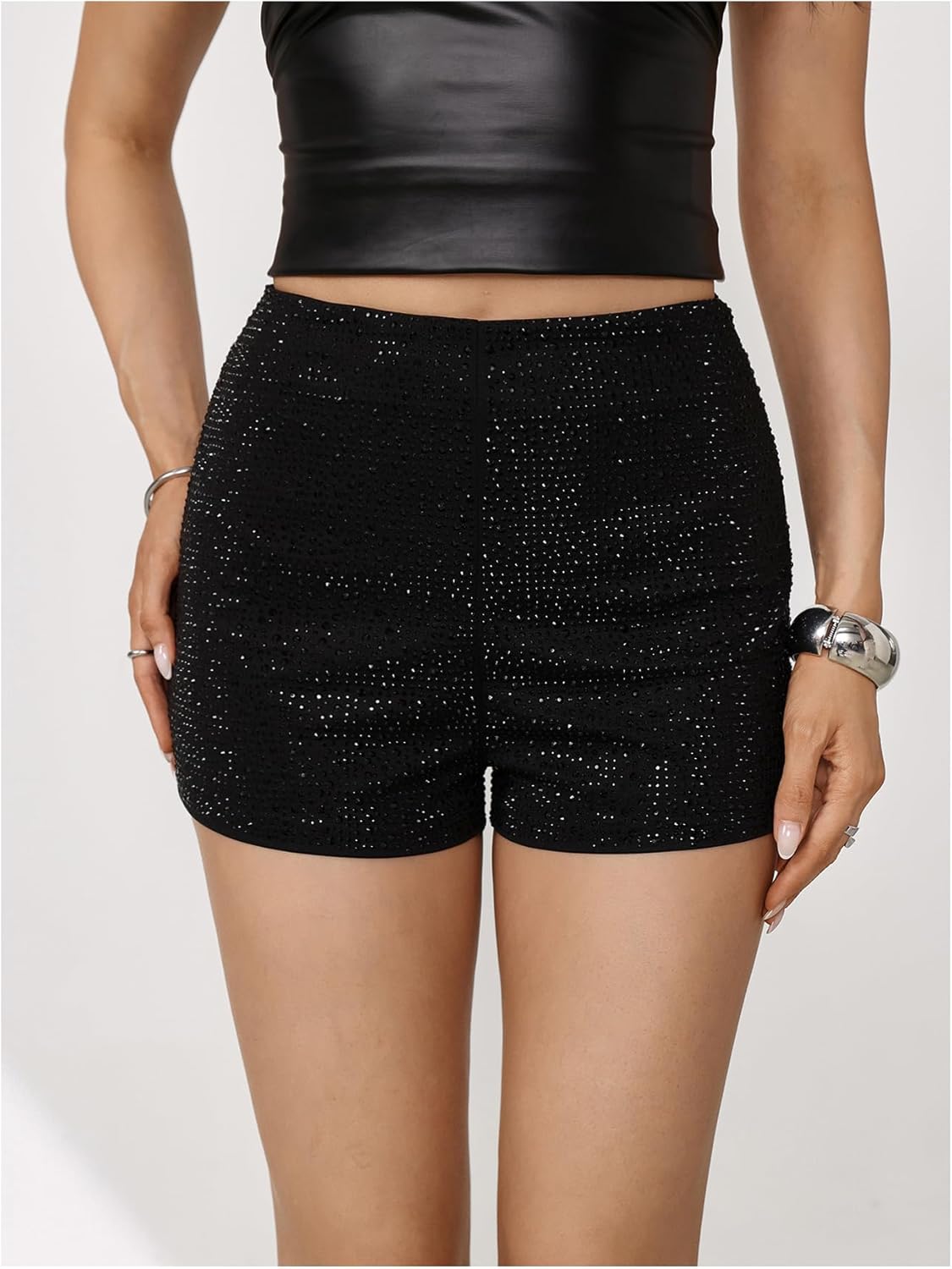 SHENHE Women's Sparkly Rhinestone Sexy High Waist Glitter Party Rave Mini Micro Shorts - Image 3