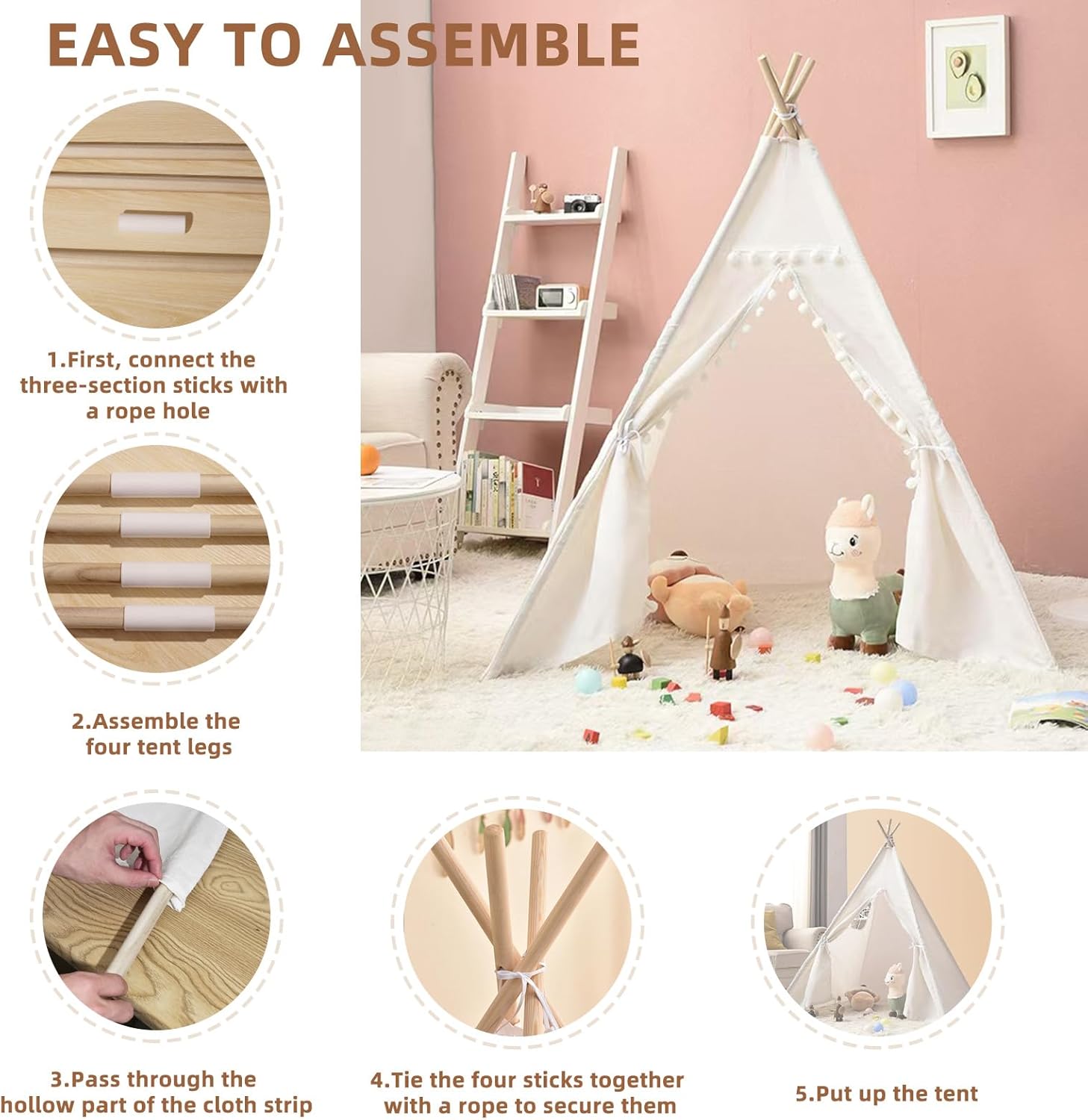 4 PCS White Kids Teepee Play Tent, Foldable Washable Tipi Tent Kids Boho Tent, Playhouse for Girls and Boys Over 3 Years Sleepovers Party Birthday Party Slumber Party