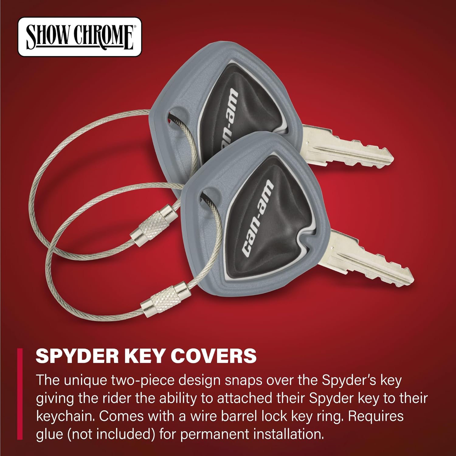 Show Chrome Grey Can-Am Spyder Key Covers, 2-Pack with Wire Barrel Lock Key Ring - Snaps Over Key, Adds Mounting Hole for Chains, Stylish & Complementary Design