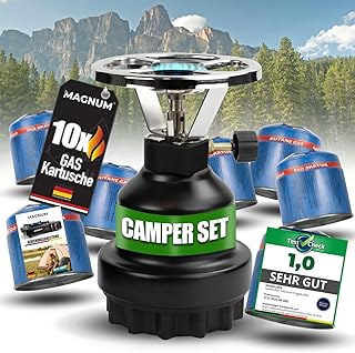 Magnum® Campingkocher [inkl. 10x Gaskartuschen ] – Gaskocher mit Kartusche [Notfall Ausrüstung ] – Campingkocher mit Gaskartusche 1 Flammig (10 Kartuschen)