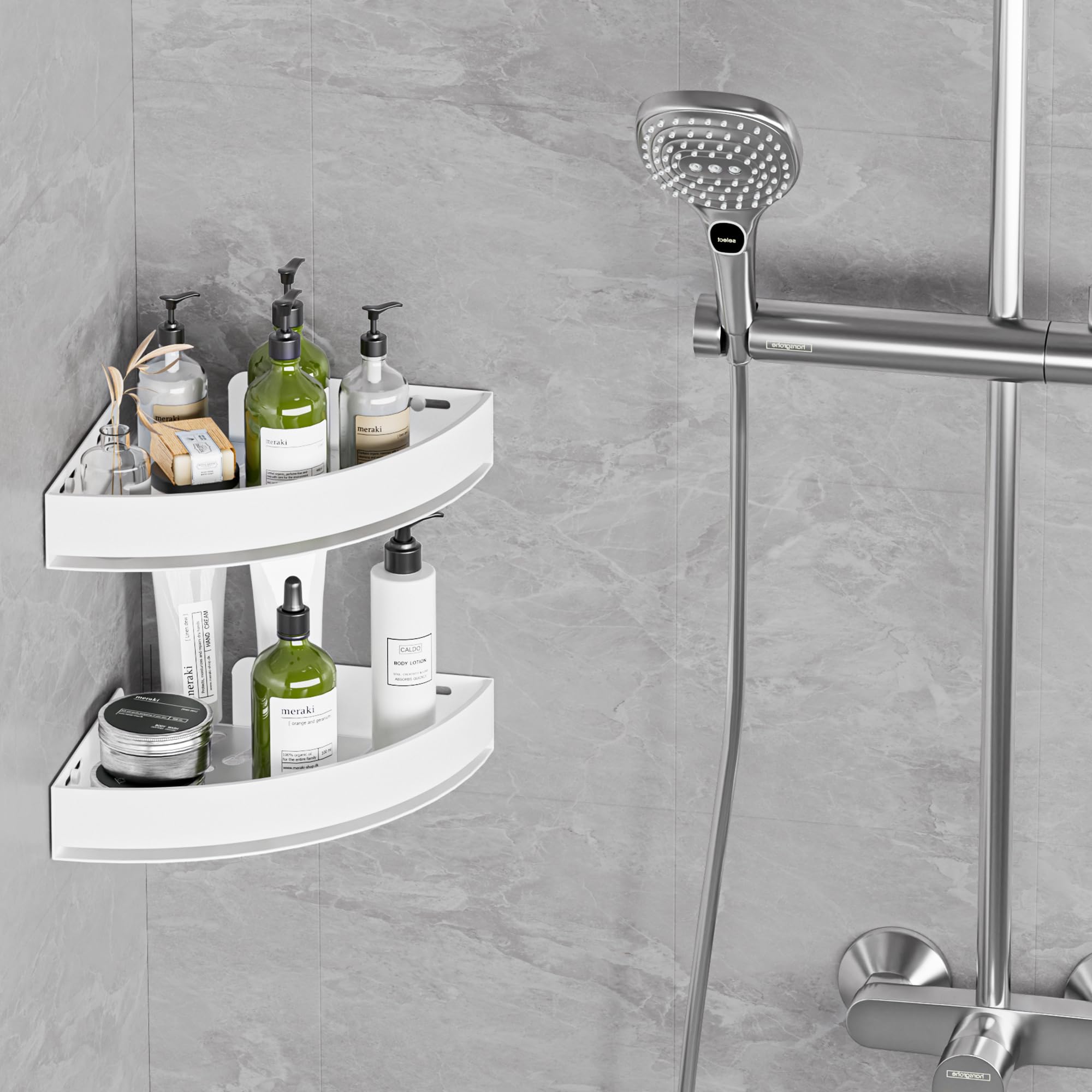 Wisfame Set 2 Mensola Doccia Angolare Bianche in Alluminio, Antiruggine Porta Shampoo doccia Senza Foratura, Mensole Adesive da muro per Bagno, Portata 8KG per Livello