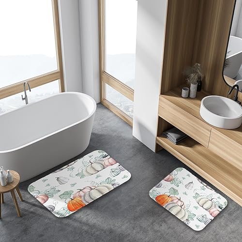 Miniatura 6 de Britimes Juego de 2 tapetes de baño aterradores de Halloween, diseño de luna naranja castillo, cubierta lavable, tapete para decoración de baño, 16