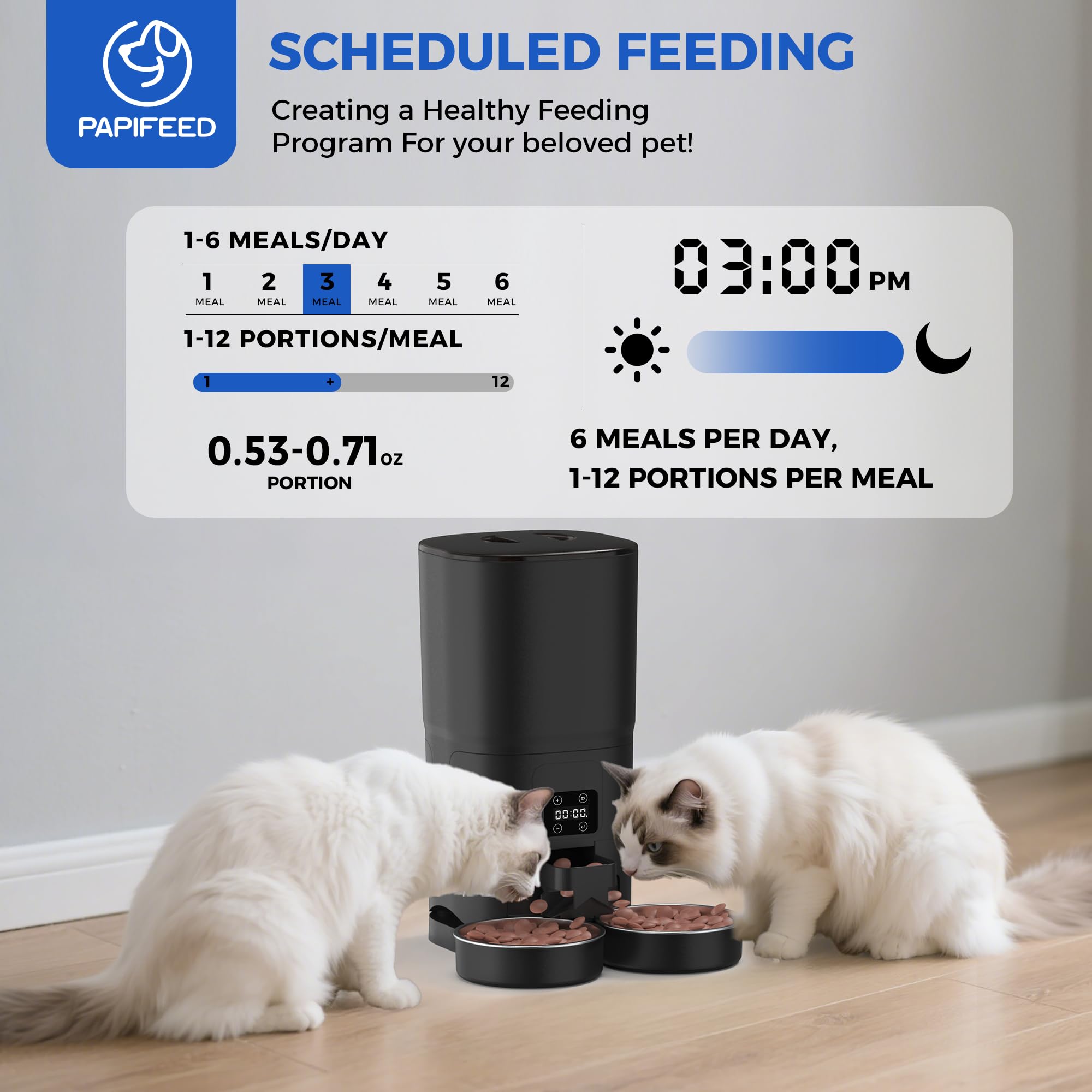 PAPIFEED Automatic Cat Feeder for 2 Cats, 7L Large Capacity Food Dispenser for Multiple Pets, Timed Cat Feeder for Dry Food, Detachable for Easy Cleaning, Up to 12 Portions 6 Meals Per Day - Black - image 2