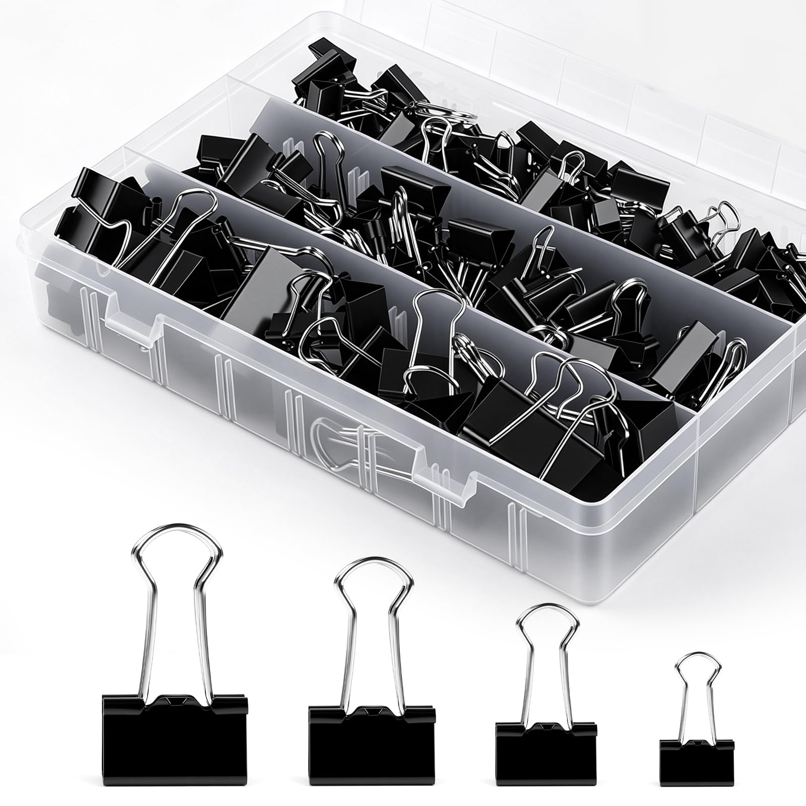 170PCS Assorted Binder Clips Set - Metal Bulldog Clips in 32mm, 25mm, 19mm, and 15mm Sizes - Perfect for Office Supplies, Home, Kitchen, Shops, School & Document Organizing (Black)