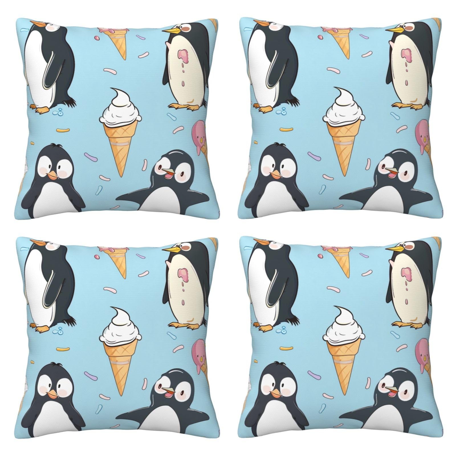 Cute Penguins Throw Pillow Cases 4 Pack Square Pillowcases Super Soft Pillow Protectors With Zipper for Couch Livingroom Sofa Bed Office Car,40x40 CM