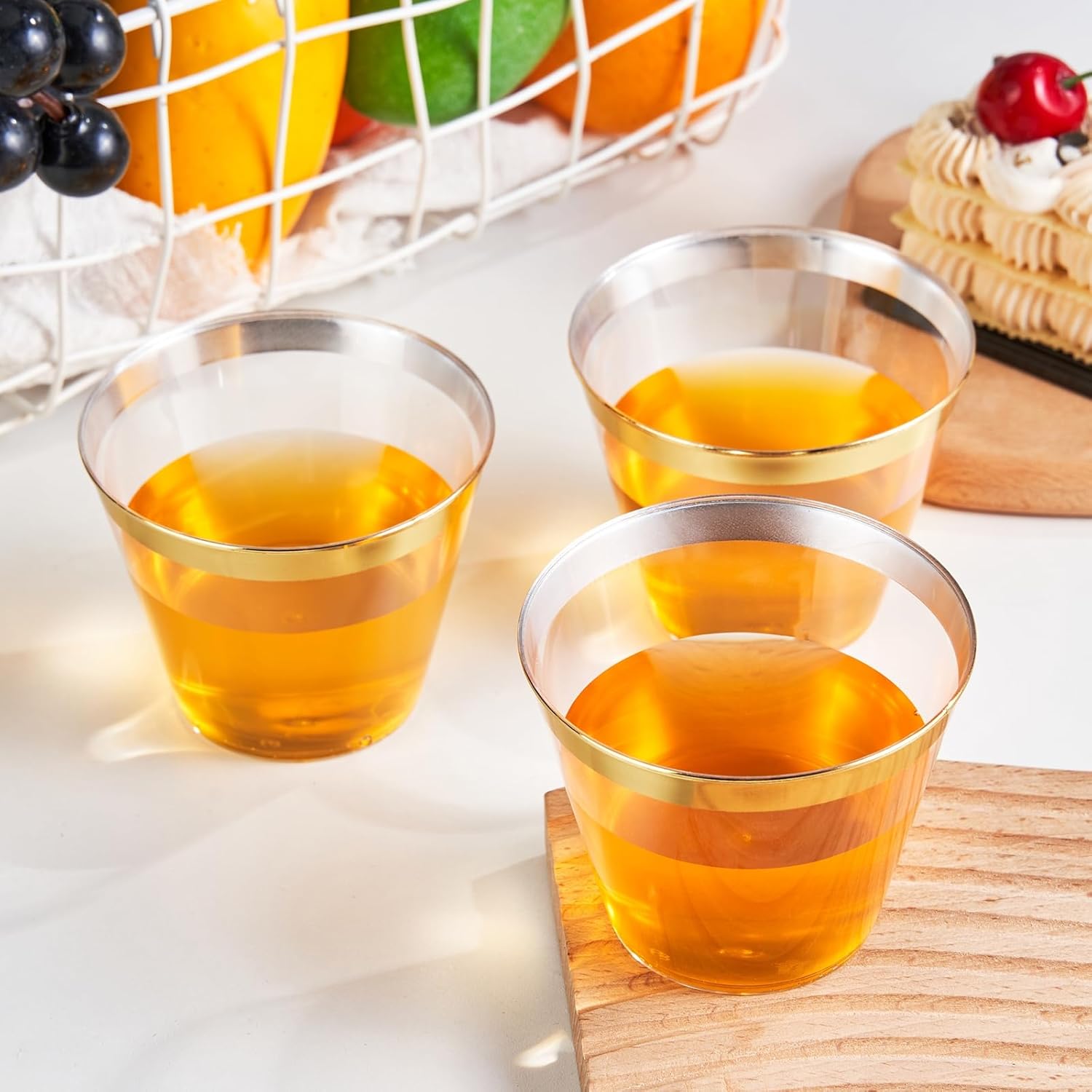 RACETOP 100 Pack 9 oz Gold Plastic Cups Tumbler, Disposable Cups with Gold Rim for Party, Heavy-duty Clear Plastic Wine Glasses, Disposable Wedding Cups - Image 7