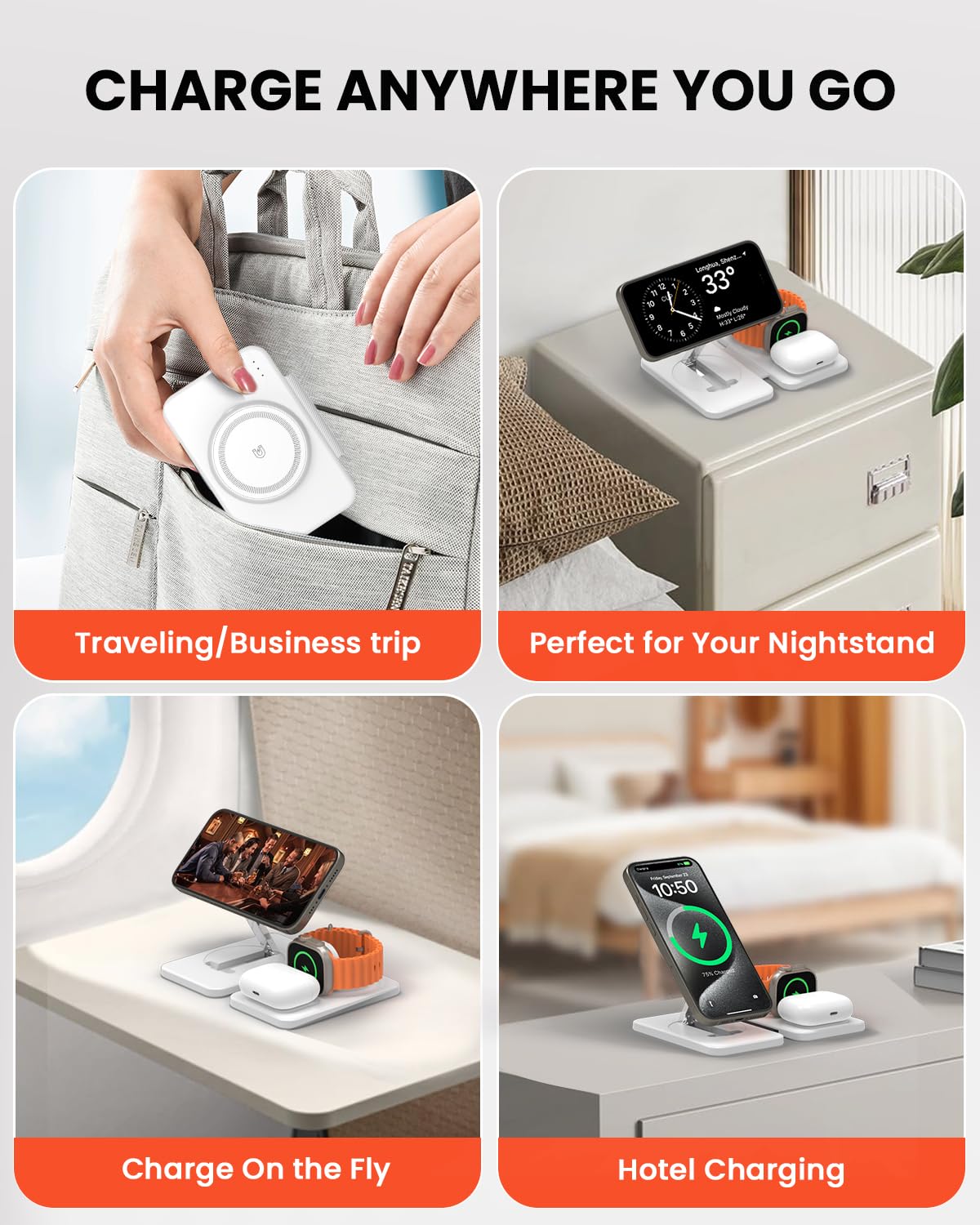 GEEKERA Magnetisches Ladegerät, 3 in 1 Ladestation für Apple Watch und iPhone Air/17/16/15/14/13/12/Pro Max, Induktive Ladegerät für iWatch 2-Ultra3, Faltbare Charger Stand für AirPods 2-Pro3, Weiß