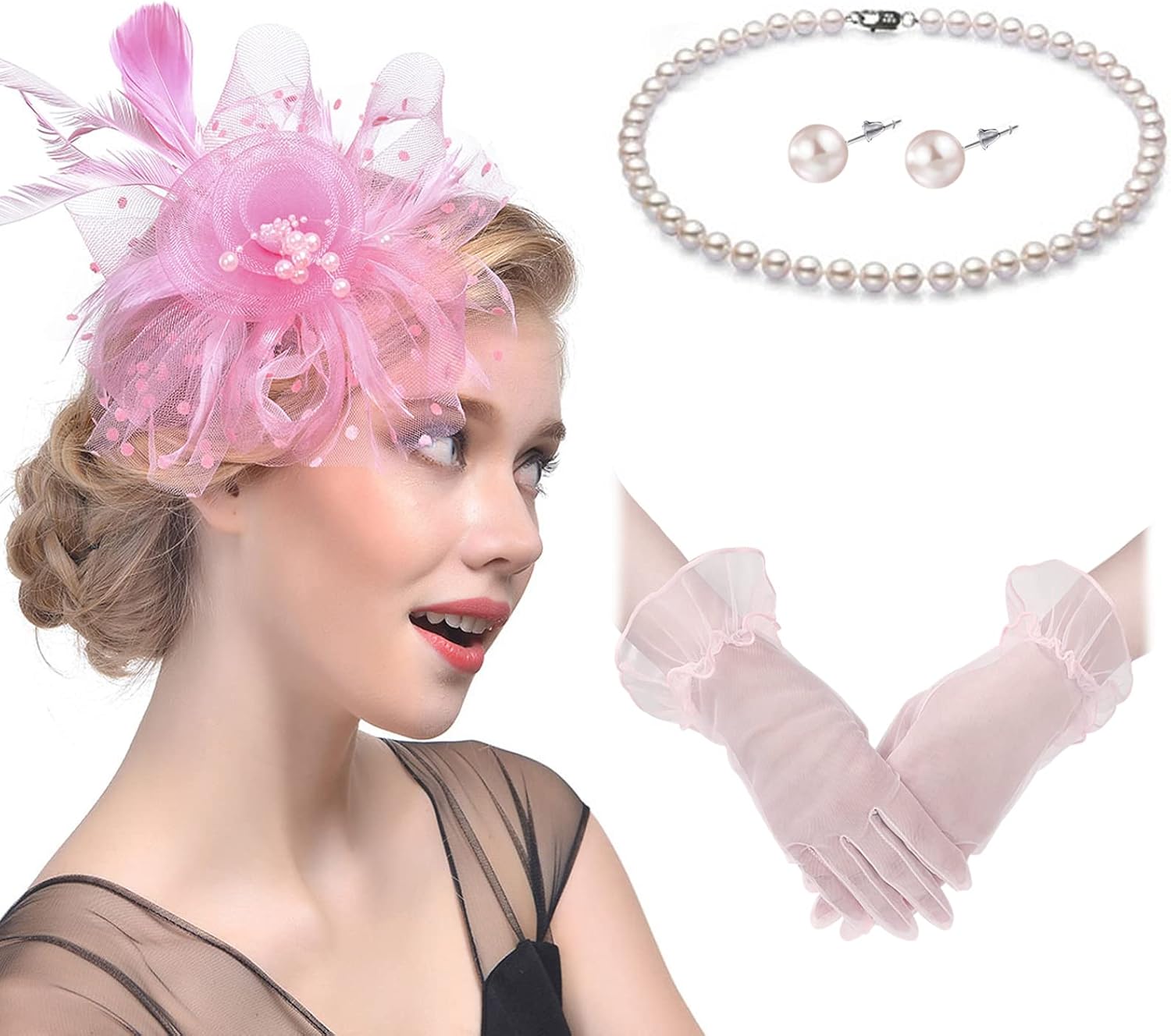 Fascinators Hats with Gloves Set for Women 20s 50s Cocktail Tea Party Wedding Costume Headwear