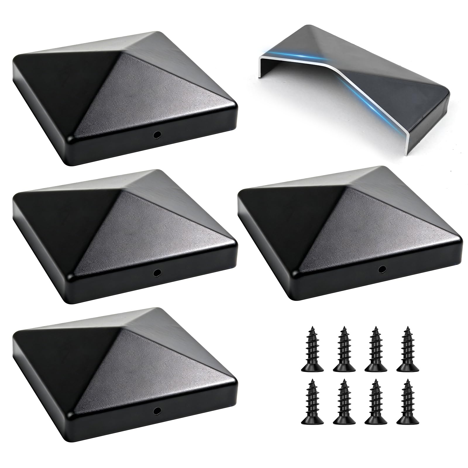 4x4 Post Caps Zinc Steel‌ Black, Fence Post Cap, Deck Post Caps for Wooden Posts Fence Posts Pillars Railings Steel Pipes Profiles, Fence Post Top Cap with M35*10mm Screws (4 piece)