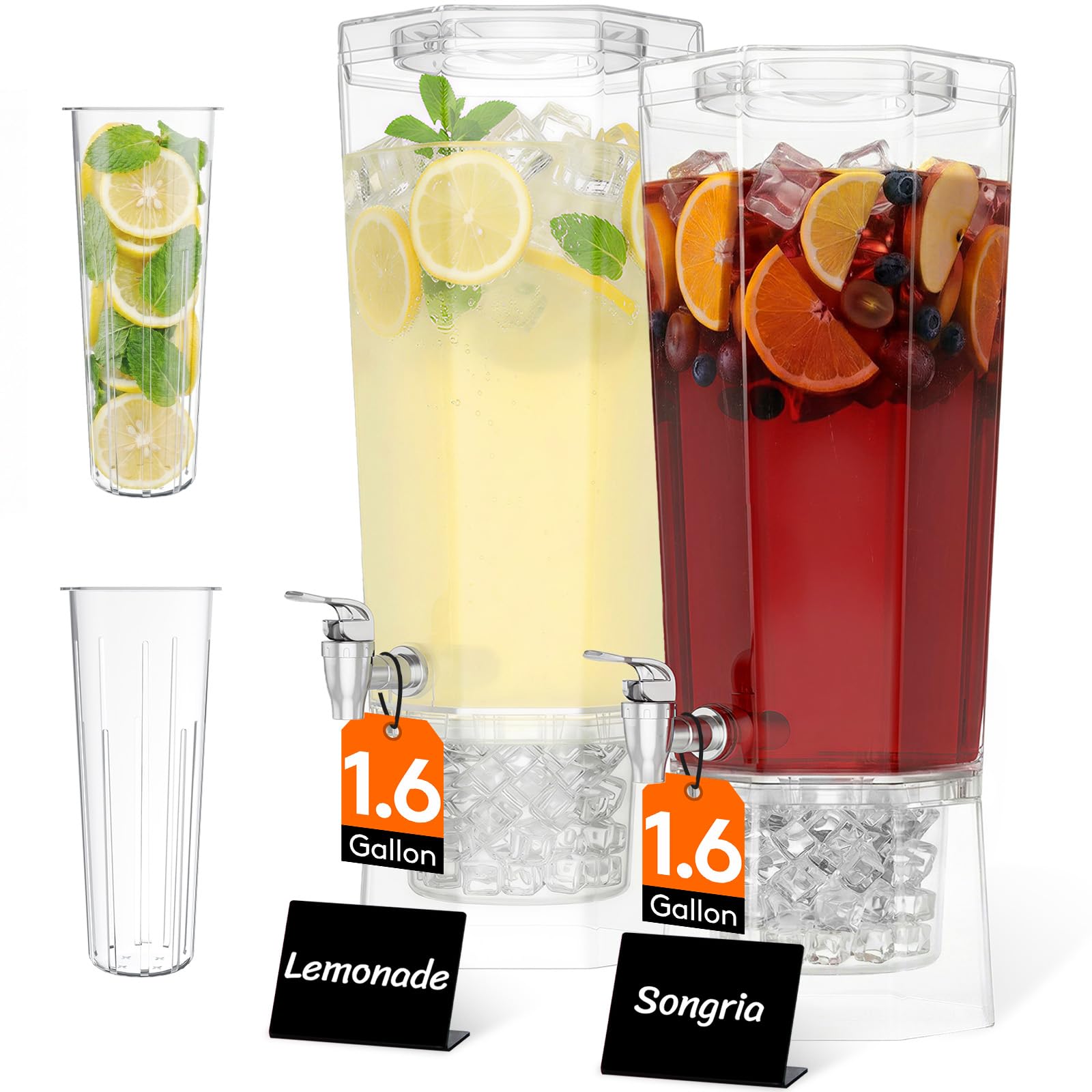 Lifewit 2 x6L Getränkespender mit Zapfhahn Eiszylinder Schilder, Kunststoff | Beverage Dispenser für Cocktails Saft Wasser Tee Getränke, Limonadenspender mit Kühlung für Partys Hochzeit Buffet, 39x16cm