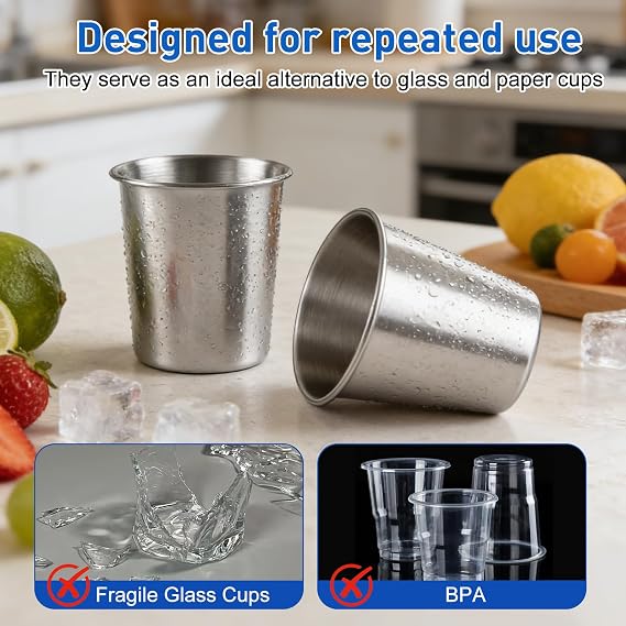 Ninsula Stainless Steel Cups 4 Pack, 8 Ounce Unbreakable Stackable Metal Cups, Durable Reusable Kids Stainless Steel Cup for Bar, Home, Restaurant