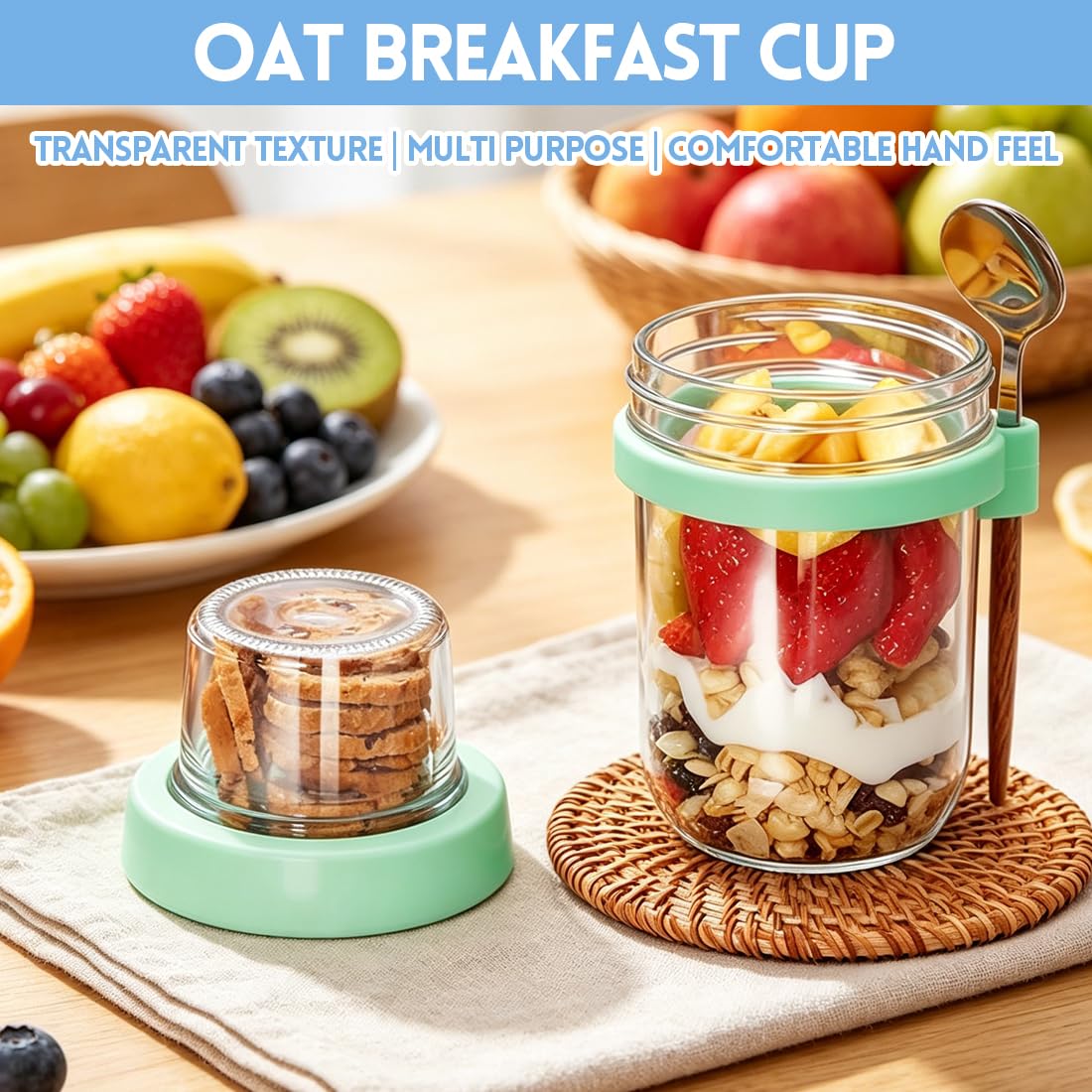 Overnight Oats - Set di 4 bicchieri per cereali, 480 ml + 120 ml, con coperchio, per yogurt e separazione del naso, per cereali, yogurt, insalata, colazione, lavoro, scuola, picnic, set da 4