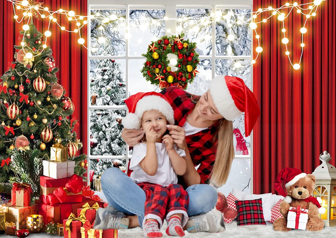 3x2.4m Toile de Fond Noël Fenêtre de Noël Scène de Neige Hiver Arbre de Noël Fond Photographique Famille Enfants Portrait Photoshoot Vacances Nouvel an Décorations Party Bannière Photo Booth Props