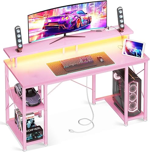 Miniatura 13 de ODK Escritorio para juegos de 55 pulgadas con luces LED y tomas de corriente, escritorio para computadora con soporte para monitor y estantes de