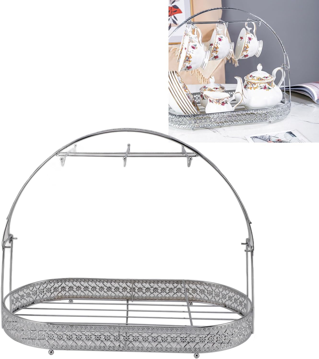 CCYLEZ Desk Cups Dishes Organizer, Large Capacity Mug Holder Stand Strong and Iron Simple and Elegant for Living Room (Silver)