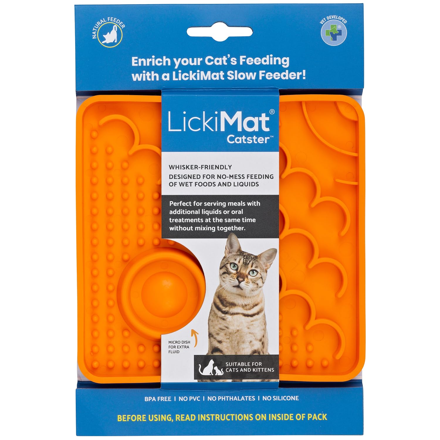 LickiMat Catster Cat Food Mat - Cat Slow Feeder with Micro Dish for Added Hydration - Perfect for Food, Treats, Yoghurt & Anxiety Relief for Cats - Fun Alternative to Slow Feeder Cat Bowl - Orange — image 1