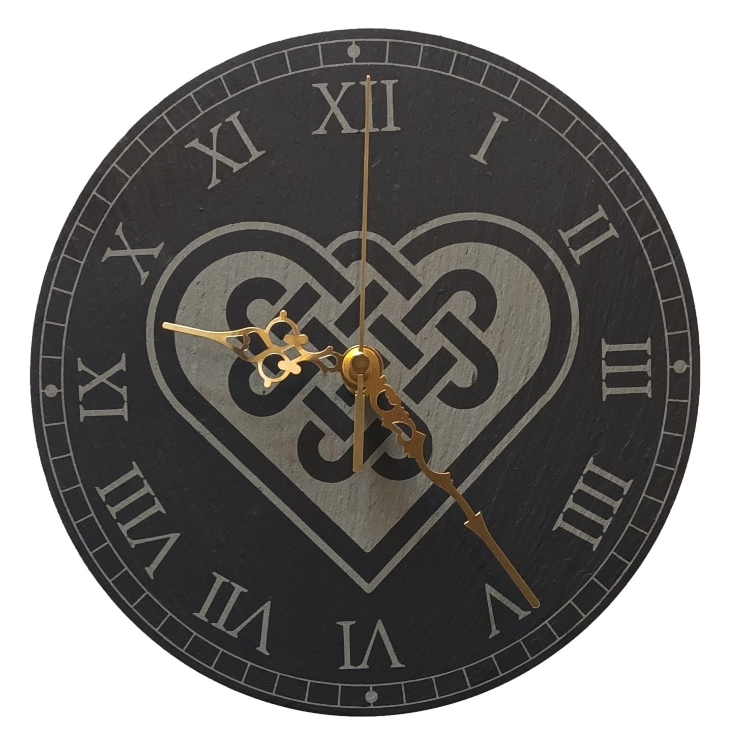 County Engraving Genuine Welsh Slate Wall Clock With Celtic Heart Design, Silent Non-Ticking (RN)