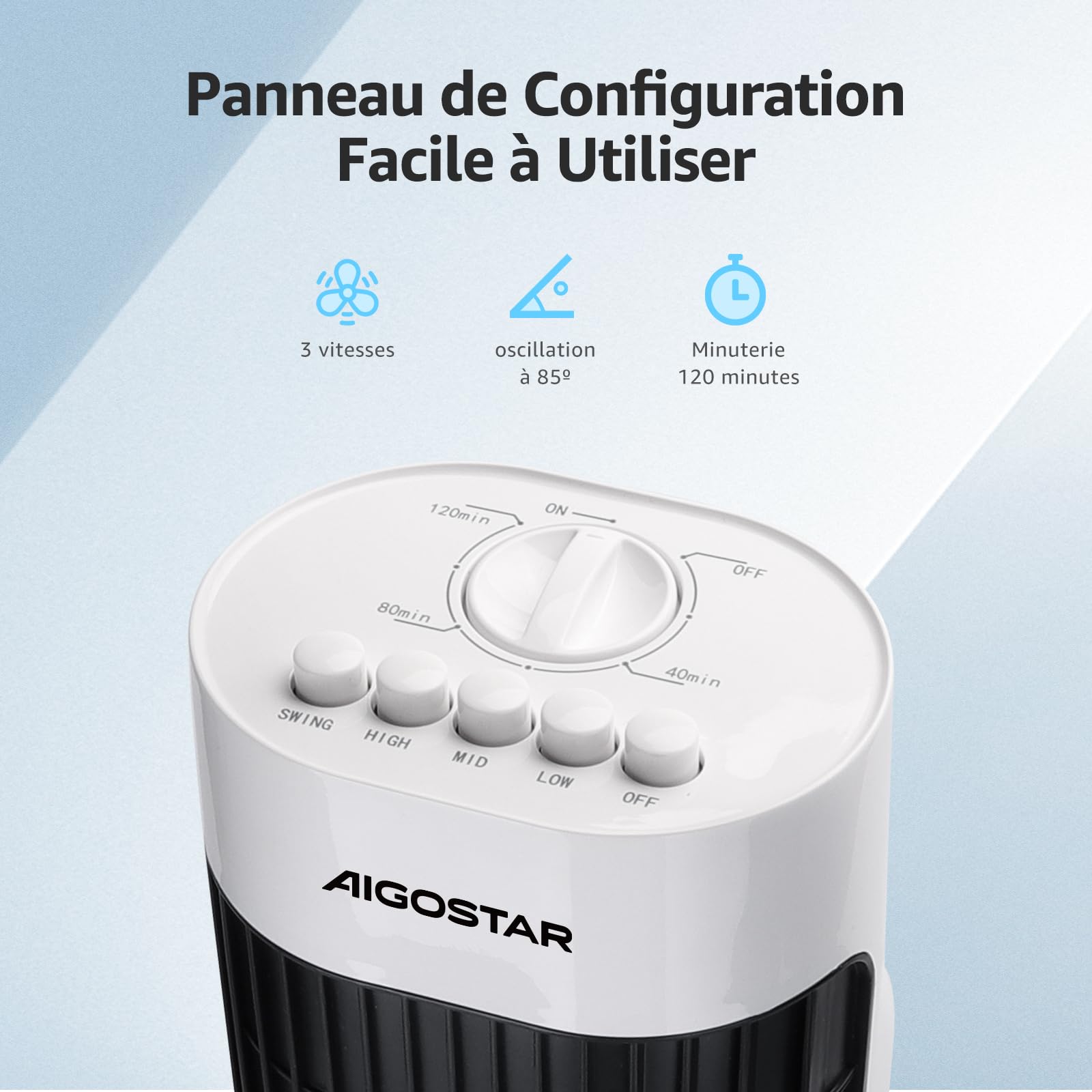 Aigostar Ventilateur Colonne Silencieux 76cm, 3 Vitesses Puissantes, Oscillation 85°, Minuterie 120min, Économique 45W avec Poignée Intégrée, Noir & Blanc pour Chambre/Salon/Bureau-Ben