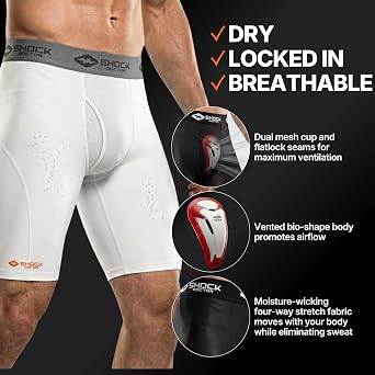 Shock Doctor Compression Shorts with Protective Bio-Flex Cup, Moisture Wicking Vented Protection - Adult