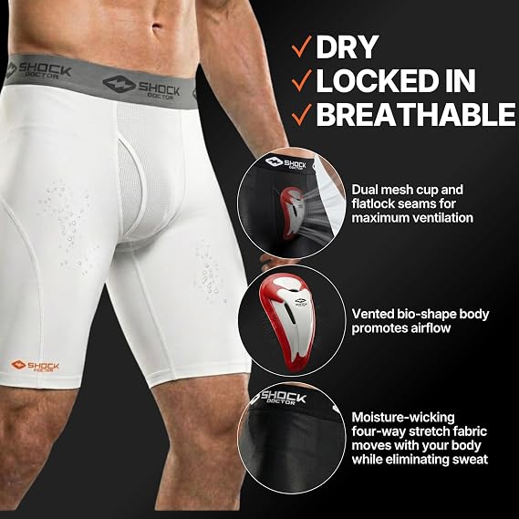 Shock Doctor Compression Shorts with Protective Bio-Flex Cup, Moisture Wicking Vented Protection - Adult