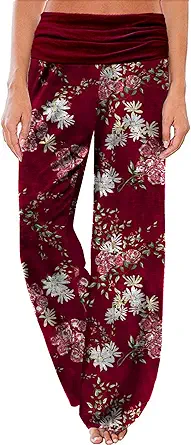 Gracyoga Women's Comfy Pajama Pants Wide Leg Lounge Palazzo Yoga Pants Stretch Casual Floral Print Fold Waist Pants