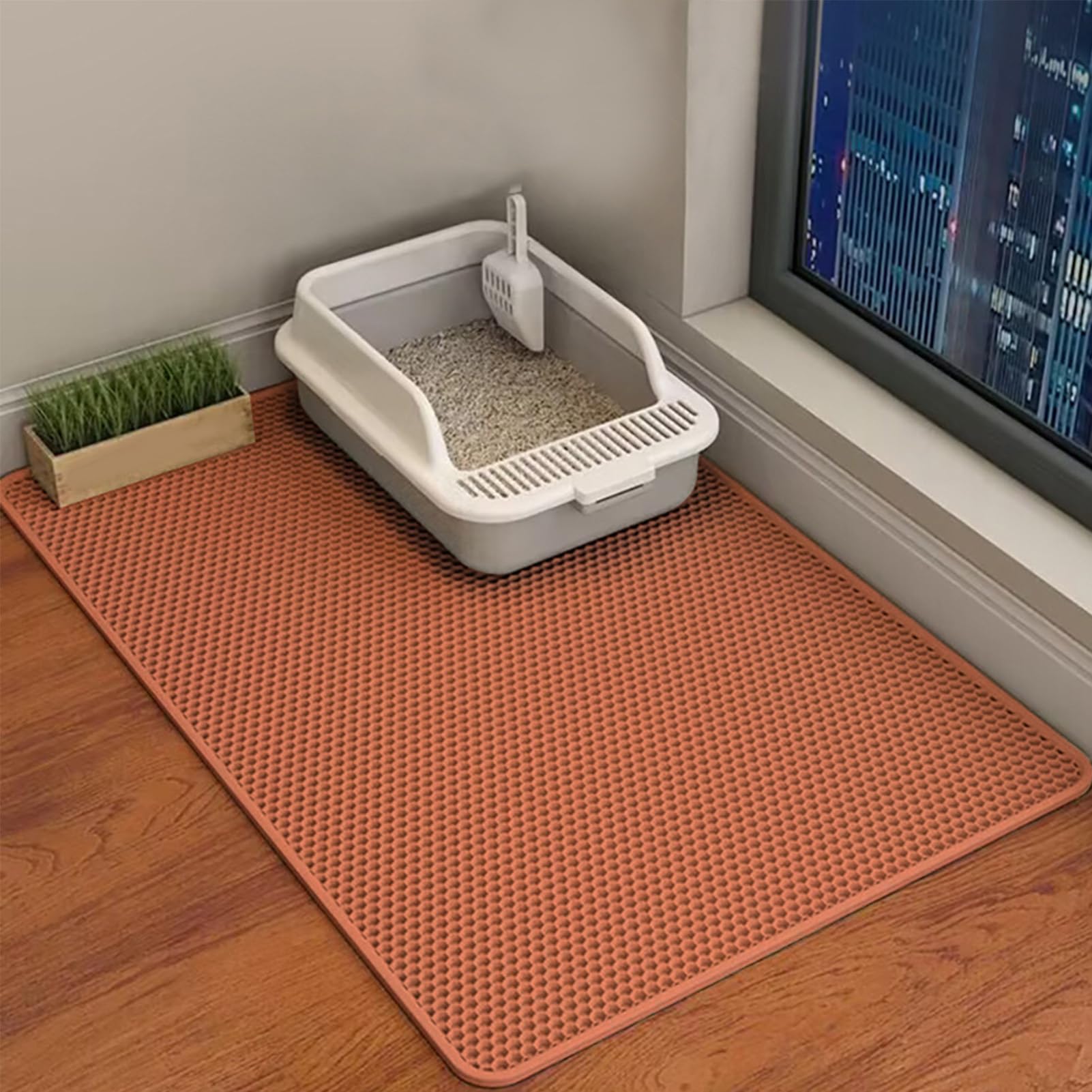 Alfombrilla para arenero de gatos – Alfombrilla de doble capa impermeable | y lavable, alfombra de profundo para areneros de gatos con base antideslizante, protección del suelo para gatos, gatito