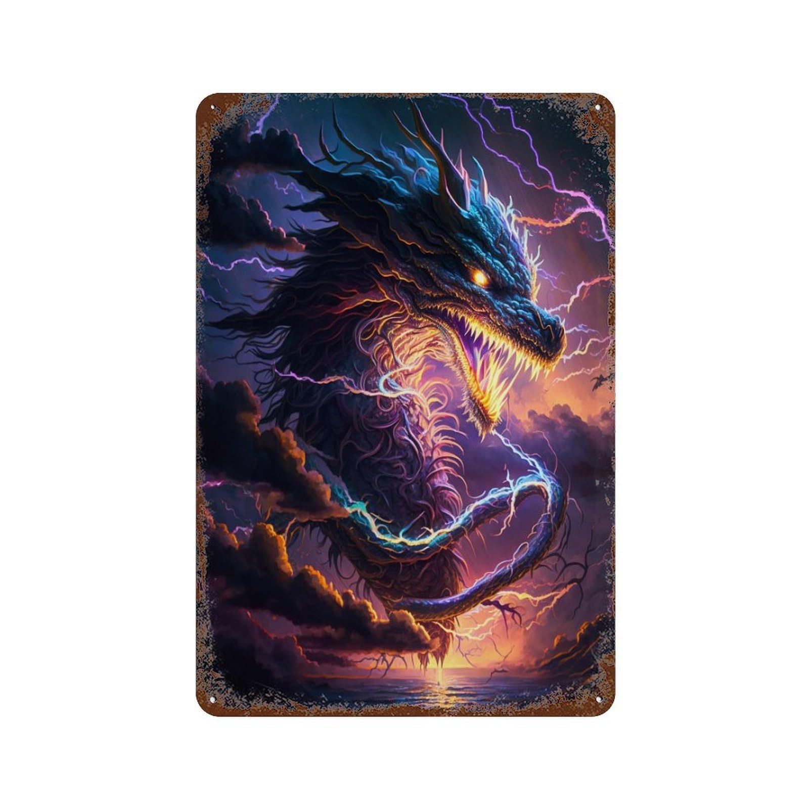 Rust Effect Thundering Dragon Storm Aged Metal Wall Plaque 11.8"x7.9", Classic Wall Plaque for Basement, Hobby Room And Garage Decor