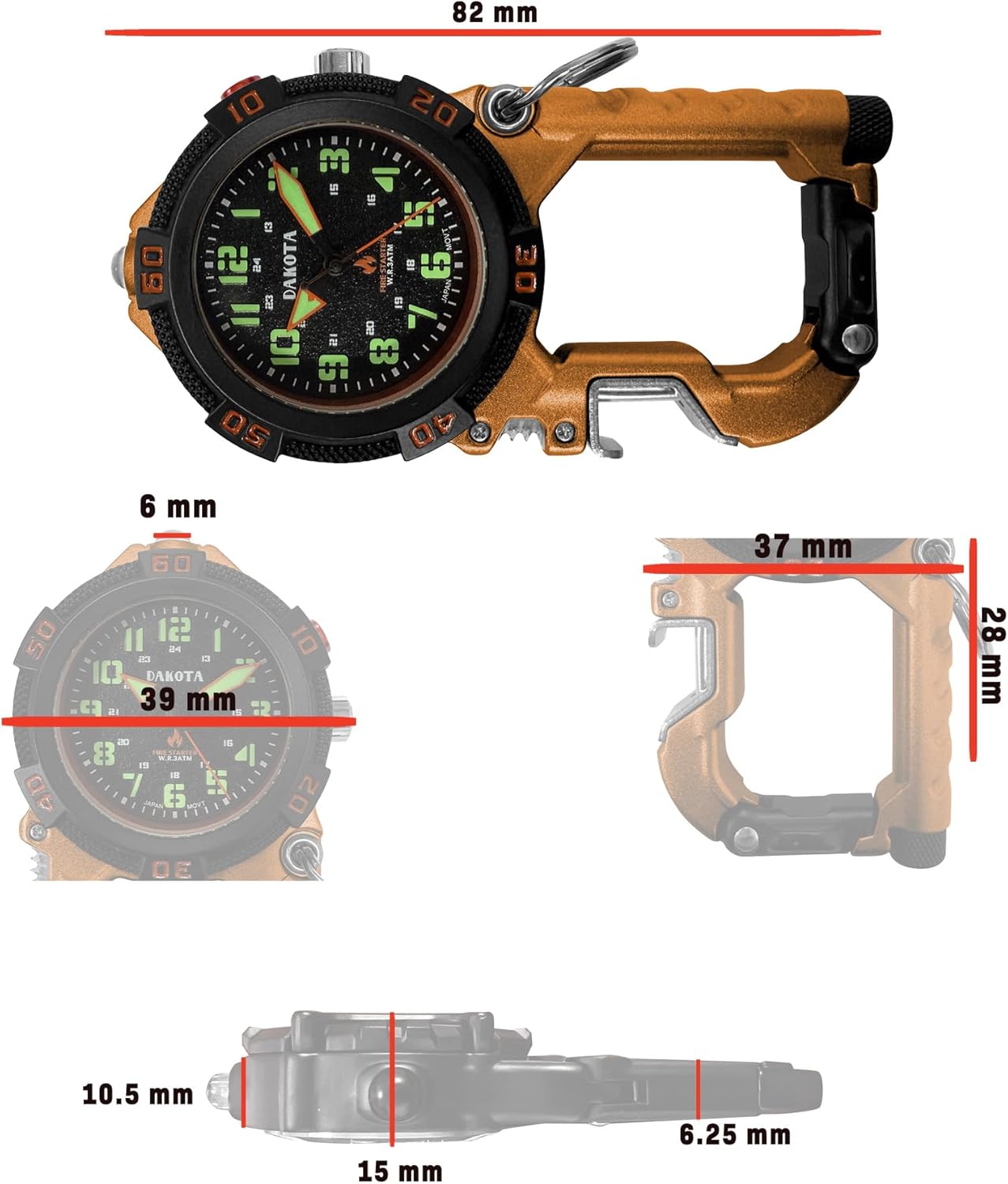 Dakota Flint Clip-On Survival Watch – Outdoor Tool with Flint Fire Starter, LED Flashlight & Bottle Opener