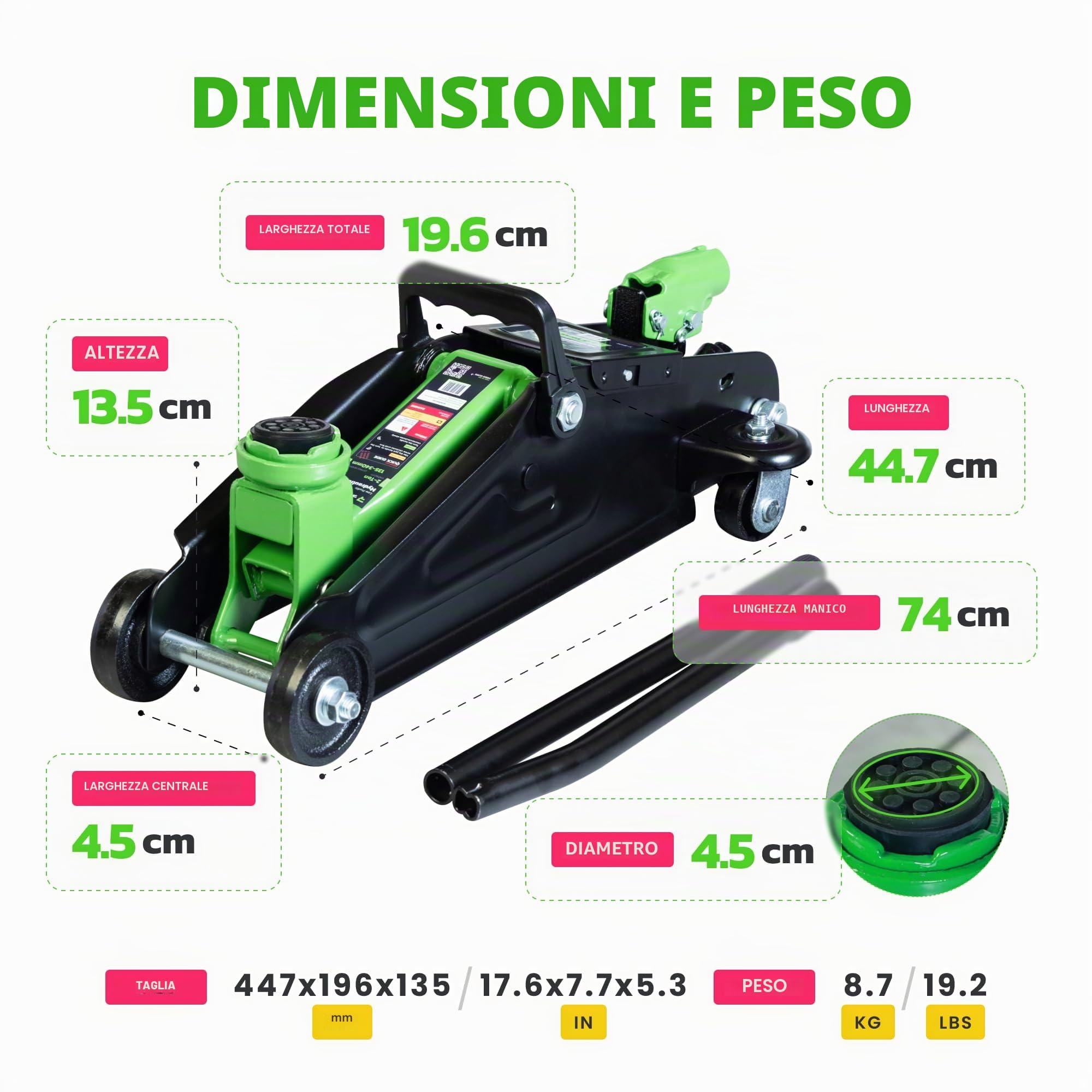 Martinetto idraulico a carrello 2 tonnellate con valigetta, intervallo sollevamento 13,5-34 cm per auto SUV